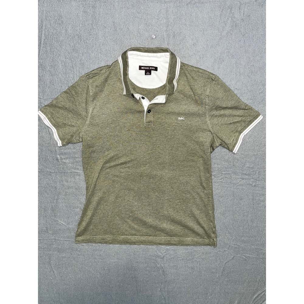 Michael Kors Mens Short Sleeve Polo‎ Shirt Olive Green Tipped Trim Cotton Size M